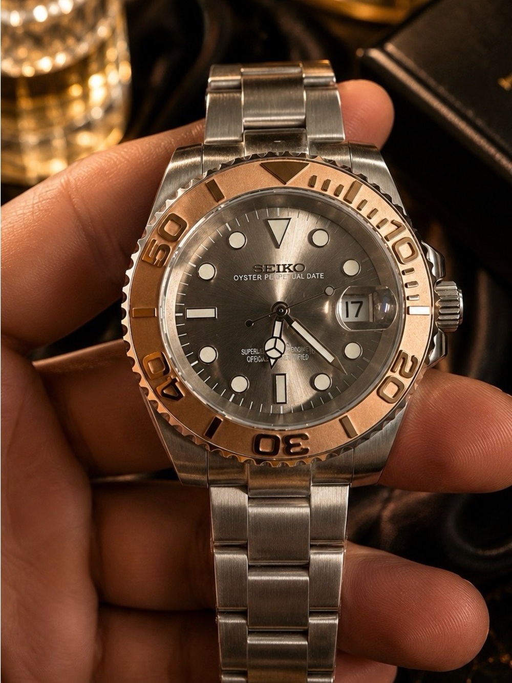 MODS!!! Seiko Silver custom and modified Watch with Rose-Gold Bezel; Yachtmaster - Picture 1 of 6